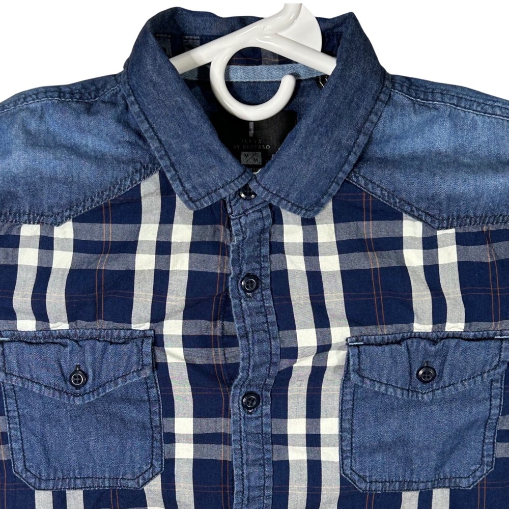 I Jeans by Buffalo Mens Medium Plaid Denim Trim Western Shirt Blue Button Down